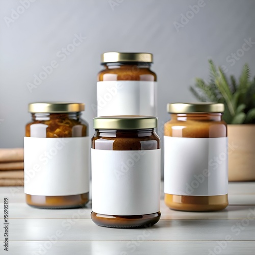 Four amber glass jars with white labels. perfect for showcasing your products.