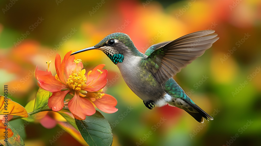 Fototapeta premium Hummingbird Feeding on an Orange Flower - Illustration
