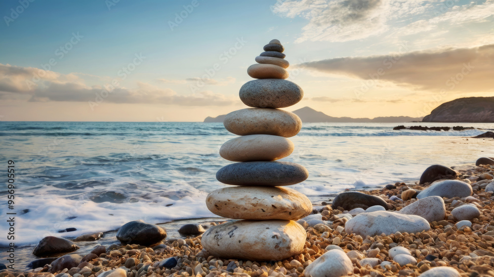 Fototapeta premium Balance of stones on the beach against the background of the sea