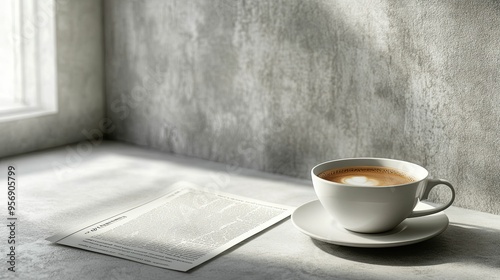 A Cup of Coffee with a Newspaper on a White Countertop