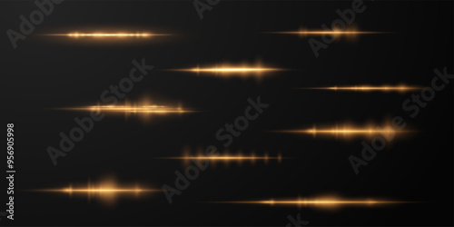 Gold horizontal lens flares pack. Laser beams, horizontal light rays. PNG Collection effect light gold line png. Beautiful light flares. Glowing streaks on light background.	
