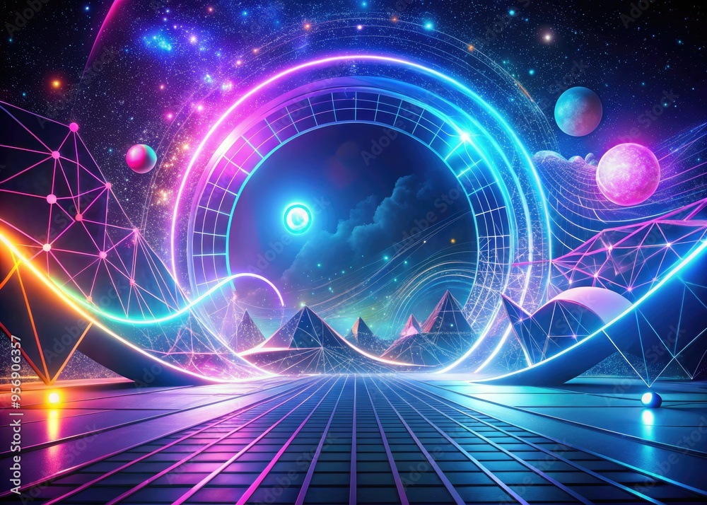 Obraz premium Curved timeline digital art hand-drawn illustrations geometric shapes neon colors futuristic mood dreamy style abstract technique sfm animation futuristic concept
