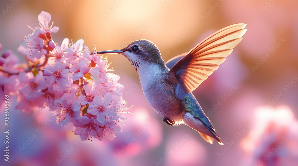 Obraz premium Hummingbird Feeding on Pink Flowers Illustration
