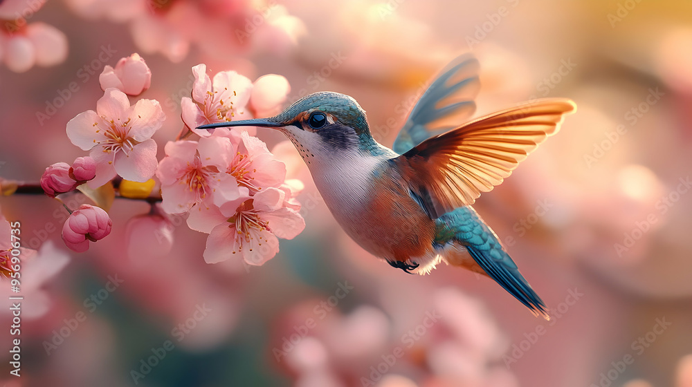 Fototapeta premium Hummingbird Flying Near Pink Flowers Illustration