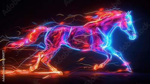 Neon Horse Galloping in Digital Light Art