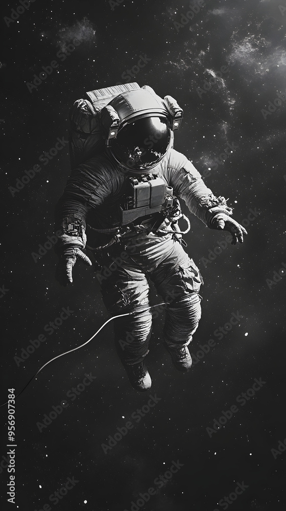 A solitary astronaut floating in the vastness, tethered by a single line.
A solitary astronaut floating in the vastness, tethered by a single line.