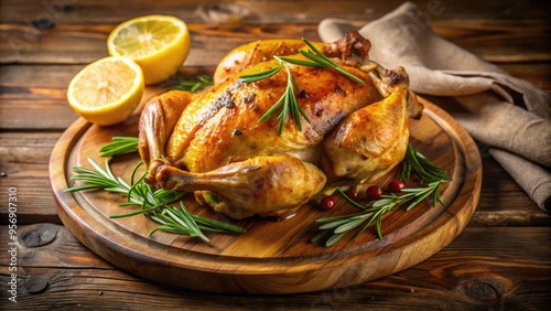 Plump, golden-brown roasted Cornish hen, garnished with fresh rosemary and lemon slices, served on a rustic wooden platter amidst a warm, rustic kitchen setting.