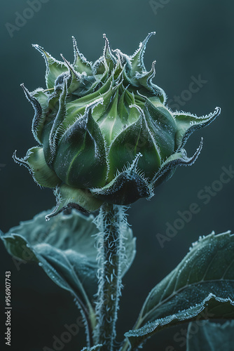 Resilient Sunflower Bud Embraced by Morning Frost - Close-up Nature Photography photo