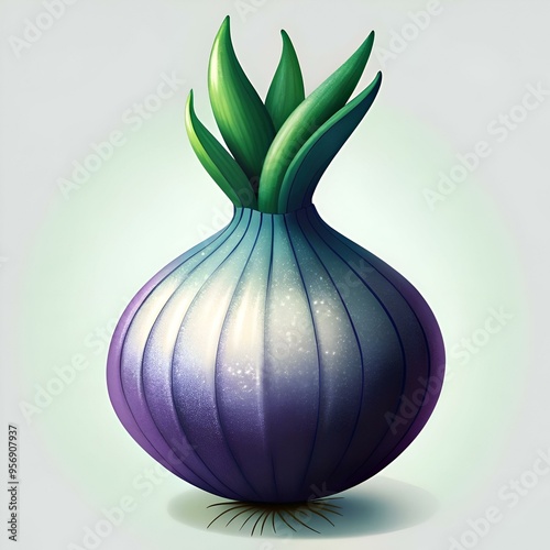 A 3D illustration of a single. plump scallion with a glossy. purple hued bulb and vibrant green shoots. photo