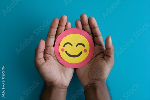 Two hands hold circular paper cutout with smiling face, turquoise background, positivity