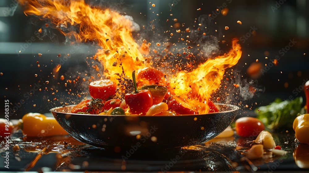 A fiery explosion in a chef's pan, mid-air vegetables and spices, vibrant kitchen scene, intense orange and yellow flames, dynamic movement A fiery explosion in a chef's pan, mid-air vegetables and spices, vibrant kitchen scene, intense orange and yellow flames, dynamic movement