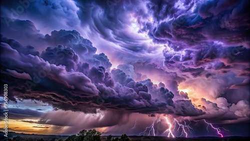 Dark foreboding clouds billow across a turbulent stormy evening sky, lit by flashes of lightning, with shades of deep indigo, grey, and purple hues. photo