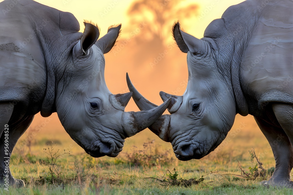 Fototapeta premium Two rhinoceroses in grassland, horns touching to form V shape, golden background