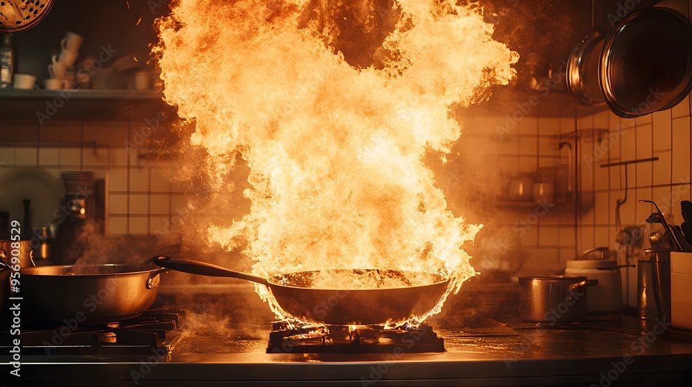 A fiery skillet in a chaotic kitchen, flames licking the ceiling, smoke billowing, with intense light and shadow contrast emphasizing the drama A fiery skillet in a chaotic kitchen, flames licking the ceiling, smoke billowing, with intense light and shadow contrast emphasizing the drama