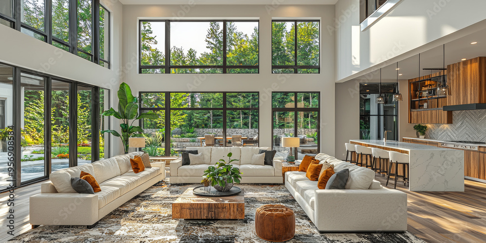 Modern living room with large windows, white sofas, and a view of the backyard.