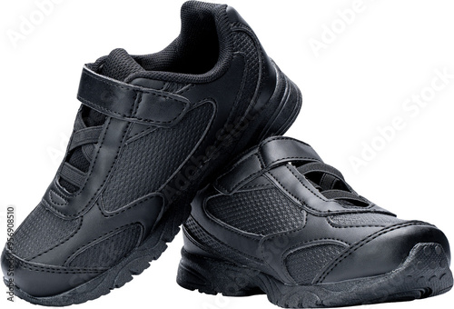 Pair of black running shoes with velcro straps, children's shoes