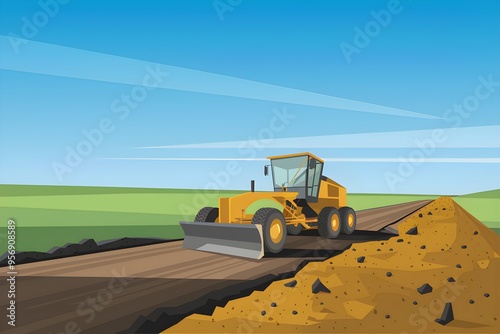 Vast landscape, grader leveling road, yellow construction vehicle, dirt road stretches horizon photo