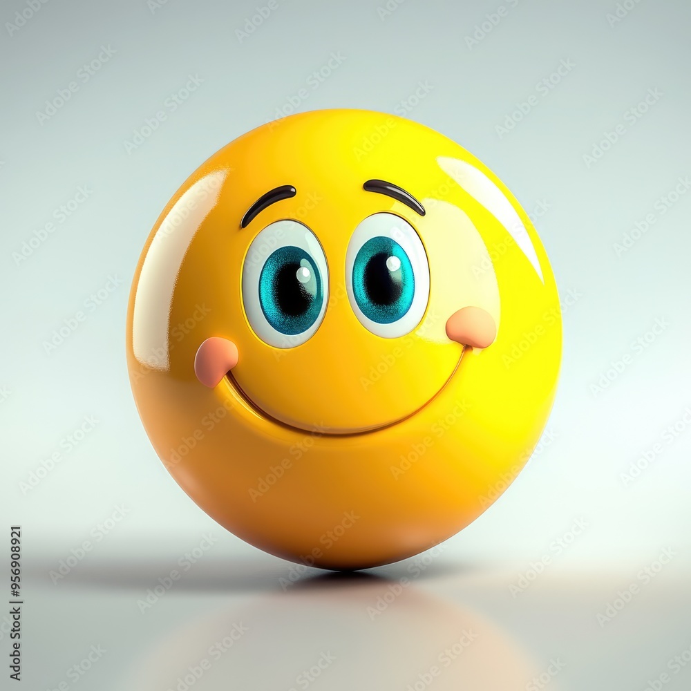 A cheerful, bright yellow smiley face with big blue eyes and rosy cheeks, radiating positivity and joy against a soft gradient background