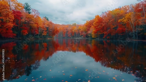 Serene Autumn Lake Scene Captures the Stunning Beauty of Changing Foliage Colors in a Vibrant and Tranquil Reflection photo