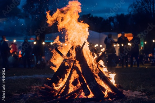 Vibrant bonfire against dark backdrop, warm glow, silhouettes of people enjoying event