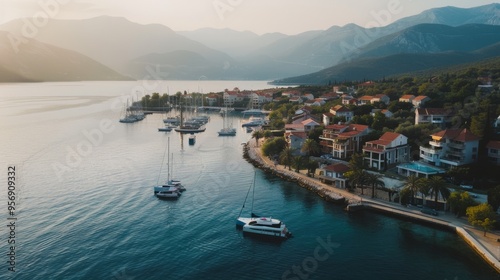 Coastal town at twilight, seen from above, with boats moored along the shore and houses nestled against mountainous terrain, bathed in soft evening light.