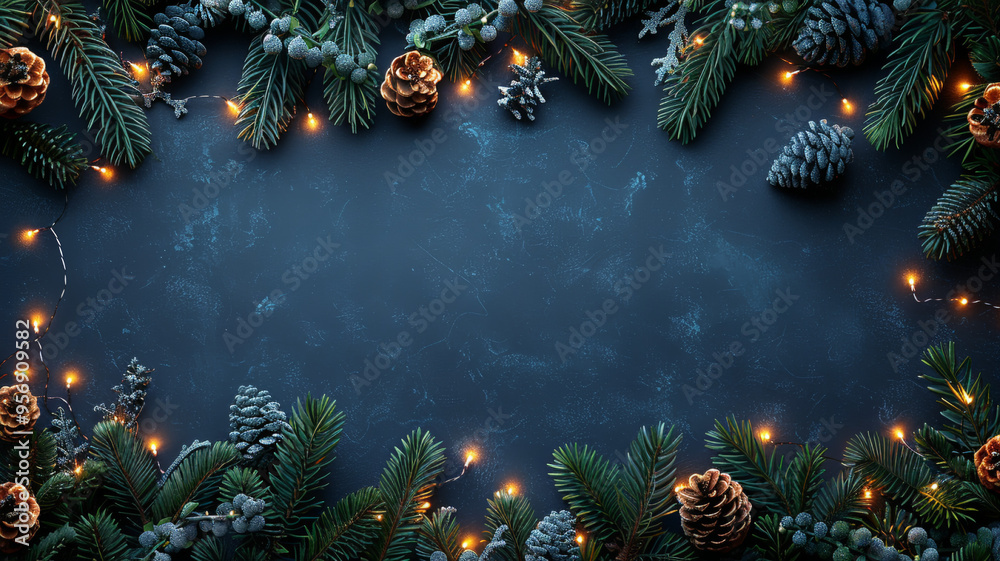 Elegant Christmas Frame Border with dark background with fir cones and lights, pine cones. Top view, flat lay Elegant Christmas Frame Border with dark background with fir cones and lights, pine cones. Top view, flat lay