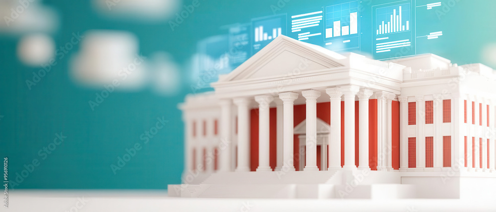 Government building with holographic projections of economic data and policy changes, concept of national economic planning Government building with holographic projections of economic data and policy changes, concept of national economic planning