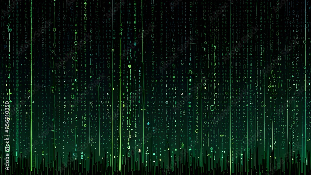 Digital Code Rain with Falling Lines of Glowing Green Code Digital Code Rain with Falling Lines of Glowing Green Code