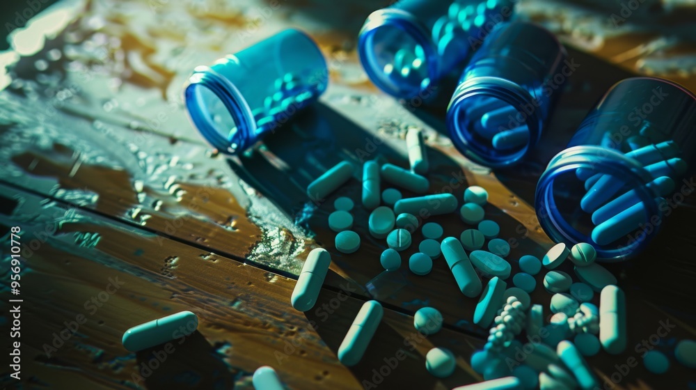 Blue pill bottles and scattered pills on a wooden surface, invoking themes of healthcare, medication, and the importance of organized pharmaceutical storage. Blue pill bottles and scattered pills on a wooden surface, invoking themes of healthcare, medication, and the importance of organized pharmaceutical storage.