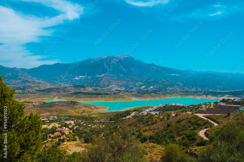 Beautiful view of the mountain and the Viñuela reservoir in Malaga Beautiful view of the mountain and the Viñuela reservoir in Malaga