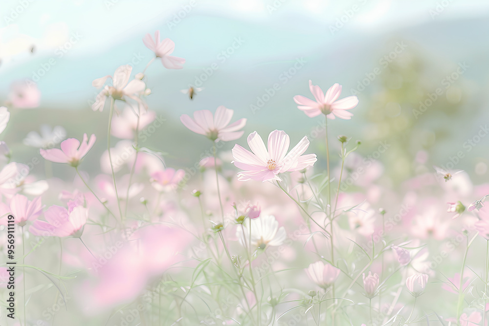 A blurry pastel background of a field with pink and white flowers, blurred mountains in the distance, ethereal, soft focus, vintage, dreamy, whimsical A blurry pastel background of a field with pink and white flowers, blurred mountains in the distance, ethereal, soft focus, vintage, dreamy, whimsical