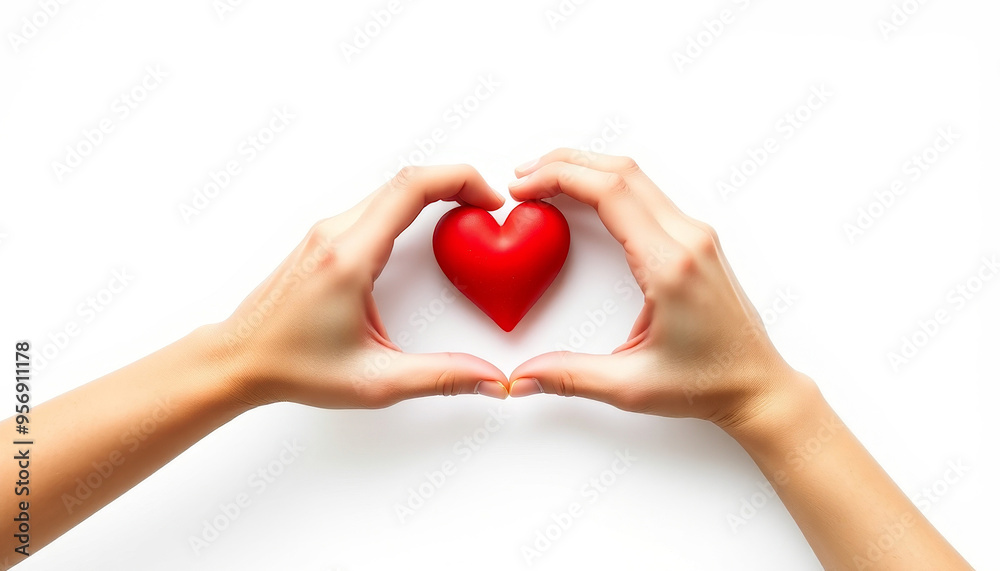 Fototapeta premium female hands clasp a small red heart, white background