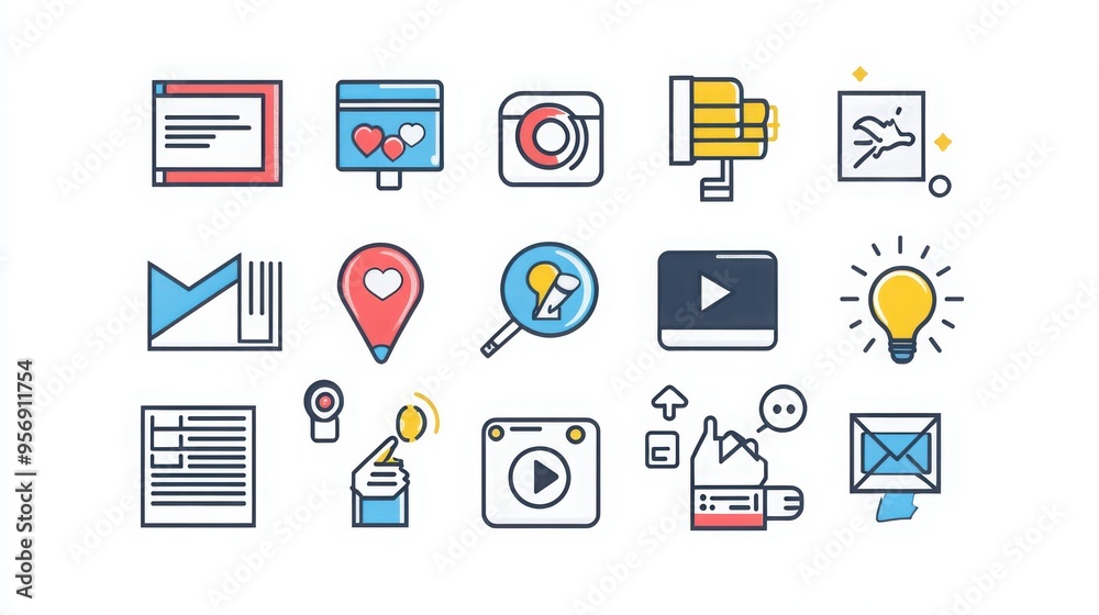 Social Media Ads thin line icon set. Containing ad, boosted post, target audience, ad spend, conversion, click-through rate, impressions, reach, ad placement, sponsored content, carousel ad, video ad. Social Media Ads thin line icon set. Containing ad, boosted post, target audience, ad spend, conversion, click-through rate, impressions, reach, ad placement, sponsored content, carousel ad, video ad.