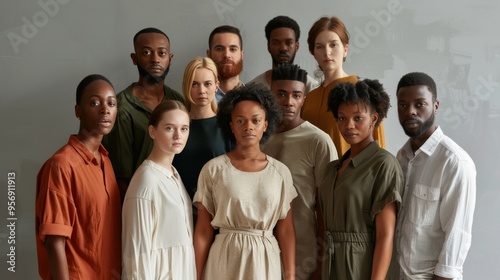 A diverse group of individuals poses in a harmonious composition, representing unity and diversity through their varied expressions and attire against a neutral background.