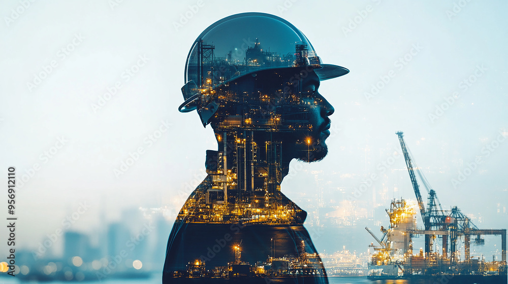 Obraz premium Double exposure Engineer hardhat collaborates with global partners to develop sustainable shipping solutions.