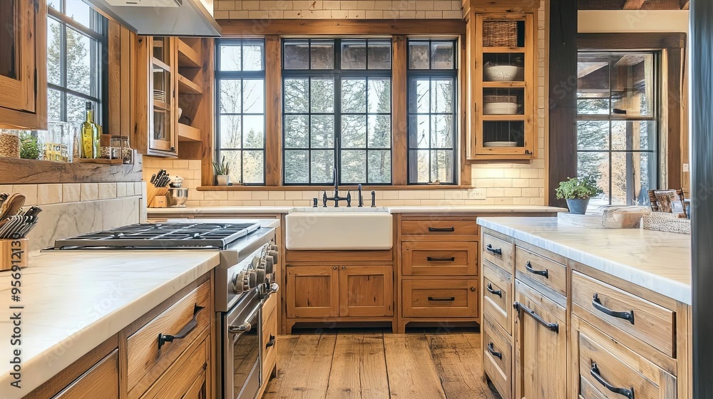 Modern Kitchen with Rustic Wood Cabinets and a White Farmhouse Sink Modern Kitchen with Rustic Wood Cabinets and a White Farmhouse Sink