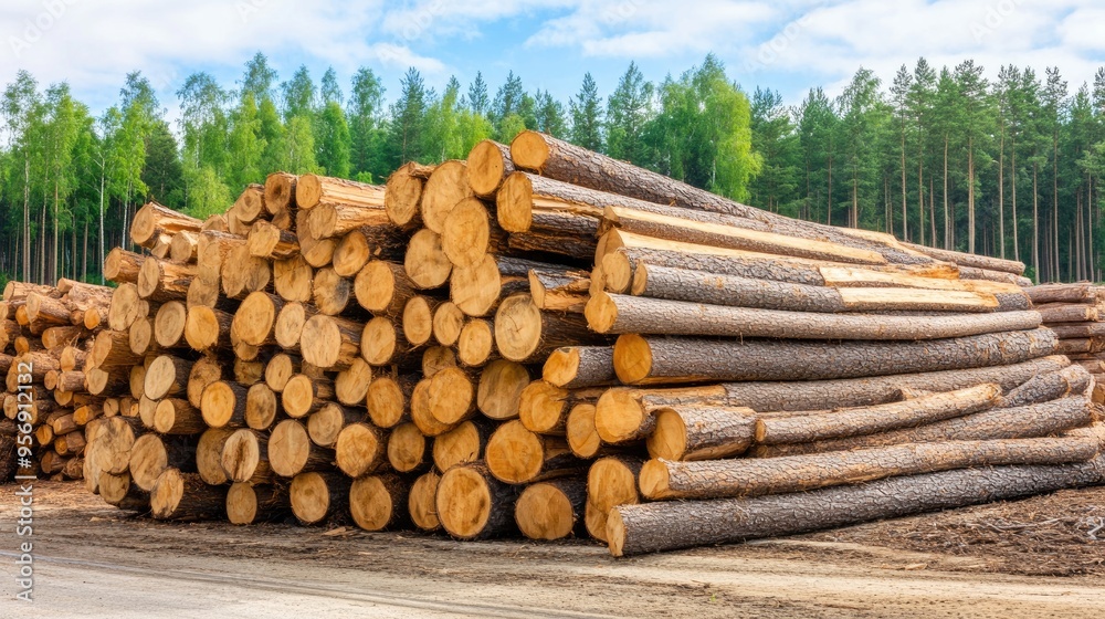 Stacks of freshly cut wooden logs rest in a tranquil forest area beside a highway in Russia, reflecting the natural resource management and surrounding greenery Stacks of freshly cut wooden logs rest in a tranquil forest area beside a highway in Russia, reflecting the natural resource management and surrounding greenery