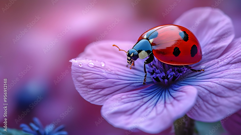 Ladybug on a Purple Flower with Dew Drops - Realistic Image Ladybug on a Purple Flower with Dew Drops - Realistic Image