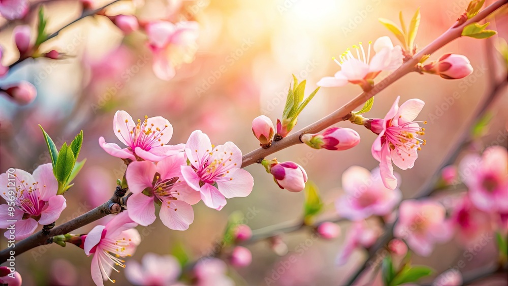 Delicate pink peach blossoms unfold against a soft focus background, radiating warmth and serenity, symbolizing hope and new beginnings in the early spring season.