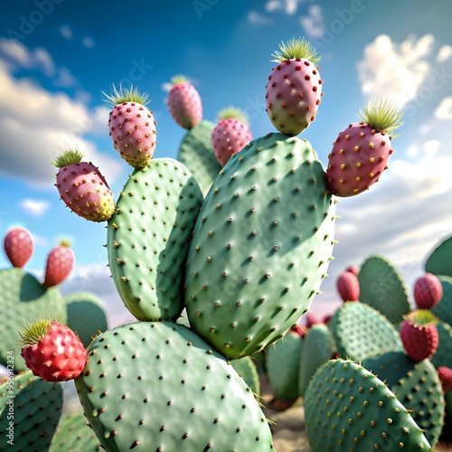 A vibrant 3D illustration of a prickly pear cactus with ripe fruit. photo