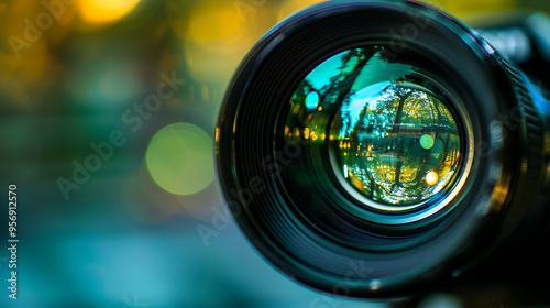 a close up of a camera lens with the reflection of a tree on it.