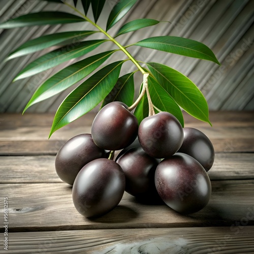 A cluster of shiny. dark purple coco plums with a vibrant green leaf. beautifully arranged on a rustic wooden background. photo