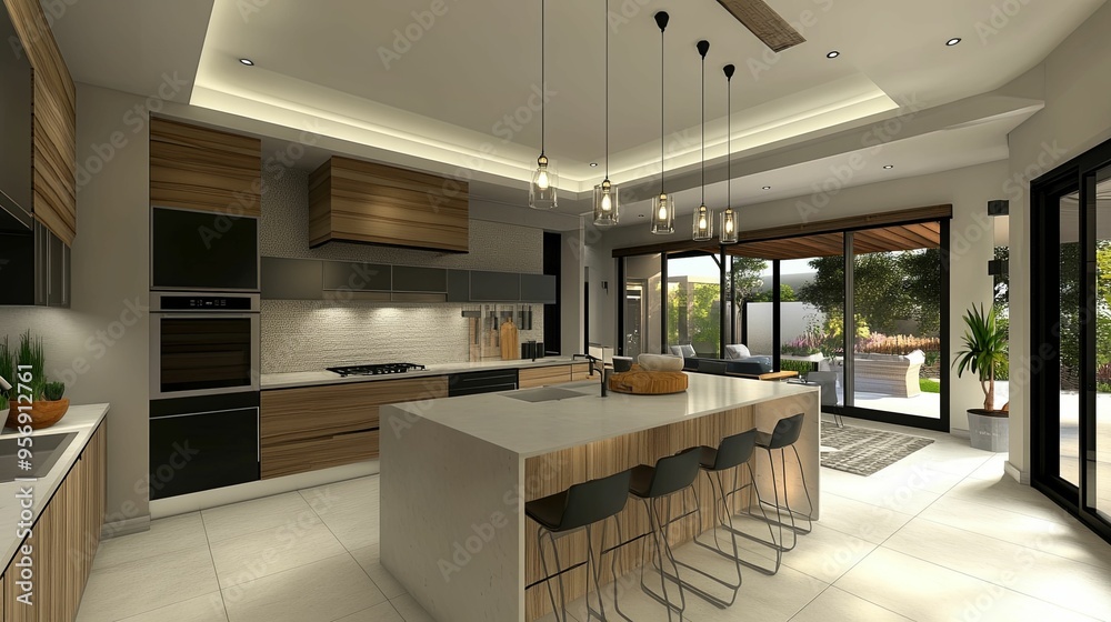 Modern Kitchen with Island and Patio View Modern Kitchen with Island and Patio View