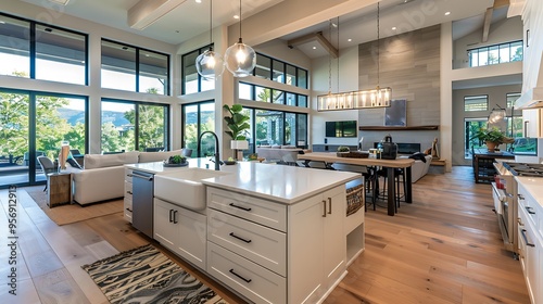 A contemporary kitchen and living room interior in a new luxury home, featuring an expansive open floor plan with a large island and farmhouse sink, depicted in lifelike HD quality