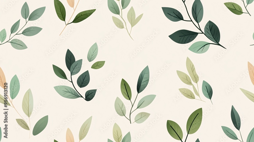 custom made wallpaper toronto digitalSerene Foliage Symphony: A seamless pattern of delicate leaves in tranquil hues of green and beige, evoking a sense of natural calm and elegance.
