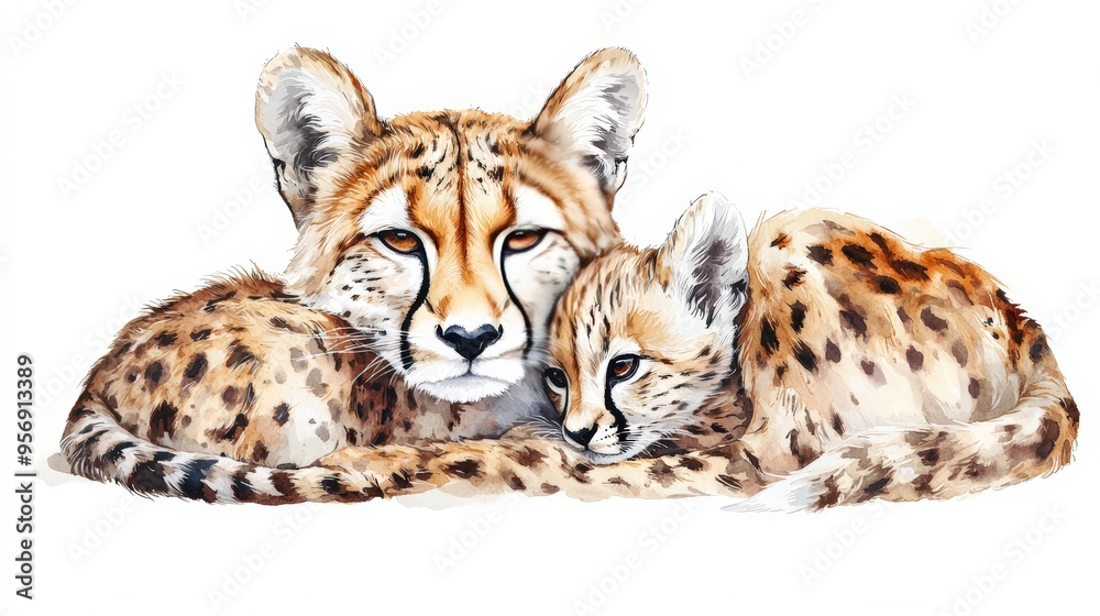 Obraz premium A beautiful watercolor illustration of a cheetah and its cub, showcasing the bond between mother and child in nature.