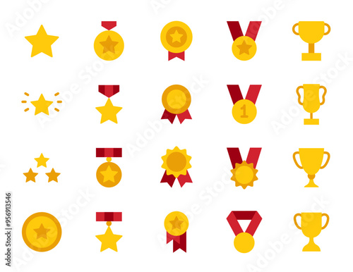 Award and winner icon set. Set of awards simple flat icons. Medal icon collection. Duotone color. Containing medal, medal ribbon, ribbon, st place, gold, badge, award, number, cup, star, trophy