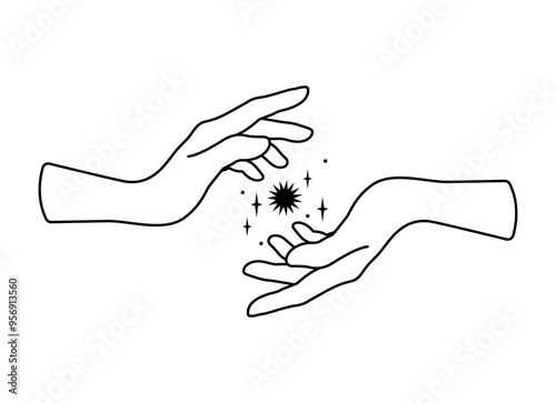 Spiritual esoteric magic logo or talisman with woman hands in silhouette style with stars. Black silhouette of woman arms isolated on white. Alchemy mystic tattoo object logo template. Sacred geometry