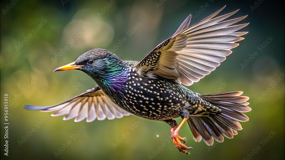 Fototapeta premium Detailed realistic portrait of a starling in flight