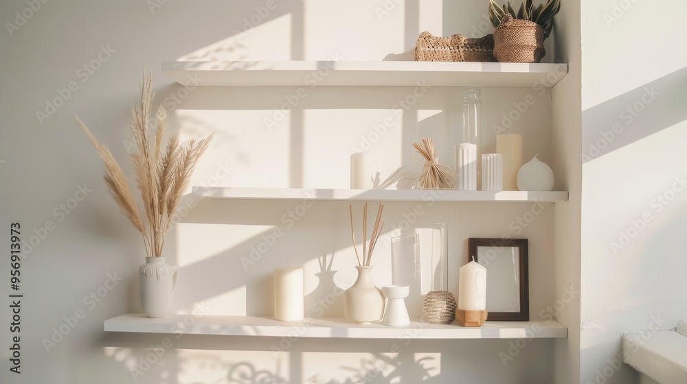 Fototapeta premium Sunlit white shelving adorned with a variety of minimalistic ceramic vases, candles, and dried plants, creating a cozy and serene home décor scene.